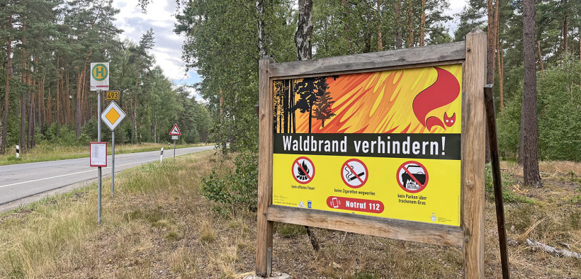 Hinweisschild am an einer Waldstraße mit der Aufschrift "Waldbrand verhindern!"